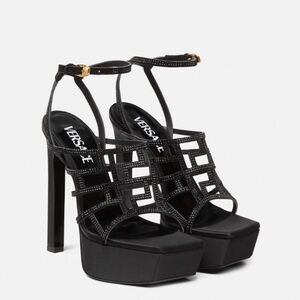 Versace La Greca 37 Maze Crystal Embellished Black Platform Sandal NIB $1,725